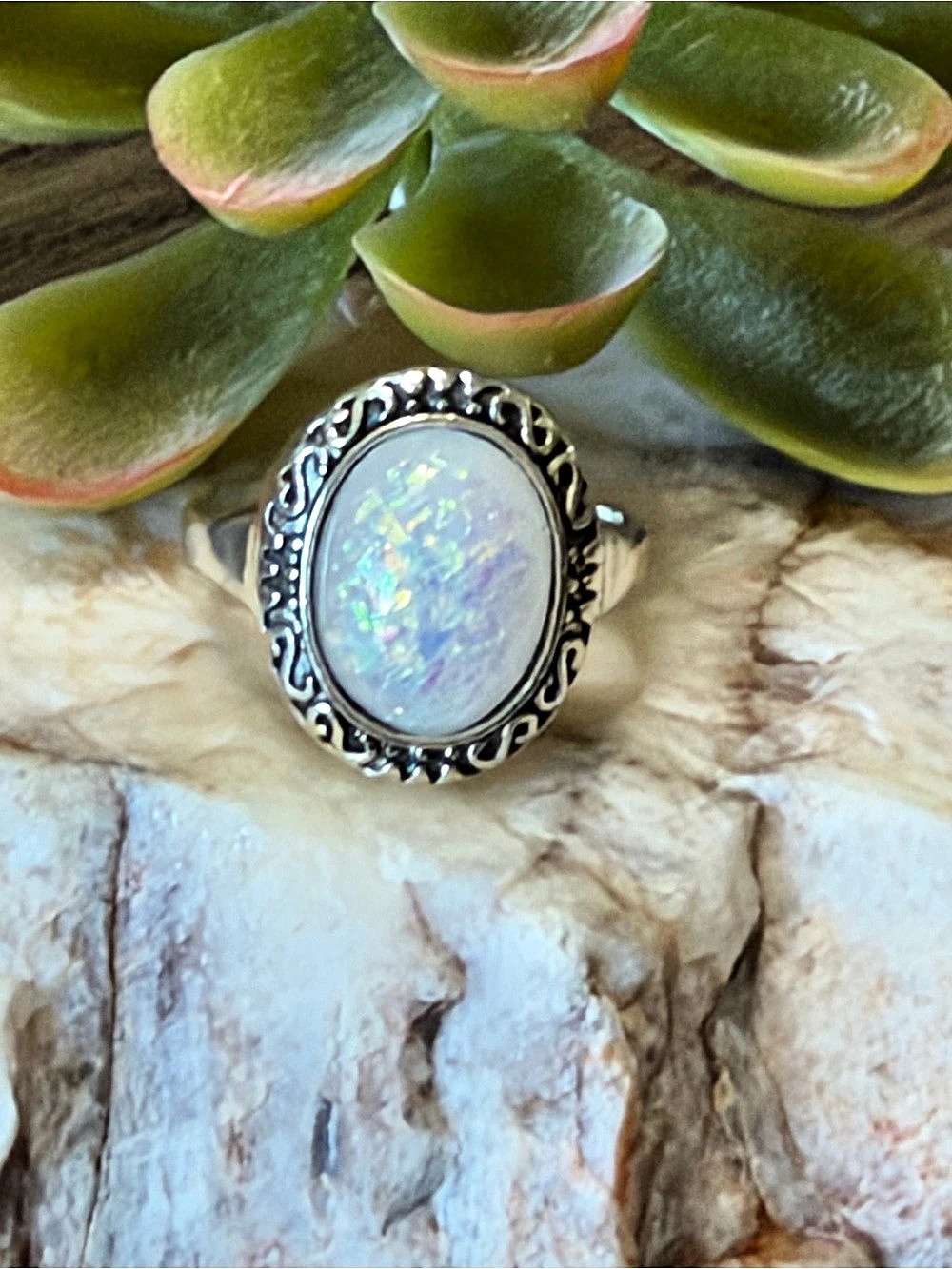 Opal-Style Statement Ring in White size 8